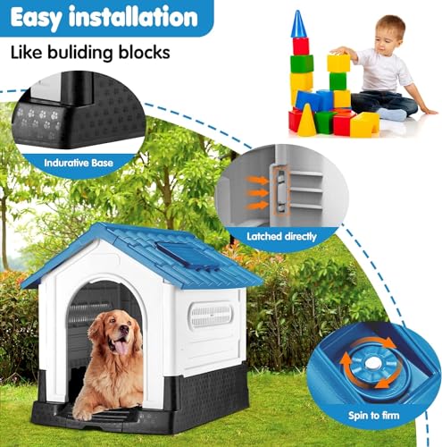 Lanco – Zwinger für große Hunde mit verstellbarem Dach. Innen- und Außenbereich mit Belüftung. Widerstandsfähiges Material. 105x89x98cm. Blau und weiß.