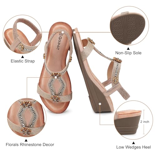 Image of Wedge Sandals for Women Dressy, Woman's Sandal Comfortable Low Wedges Heels Ankle Elastic Strap Sandles with Flower Rhinestones