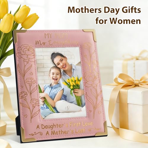 Image of FLYAB First Mothers Day Picture Frame 4x6 Mothers Day Gifts for Mom Grandma from Son Daughter Pink Mom Picture Frame for Tabletop Decorations Wood Leather Frame
