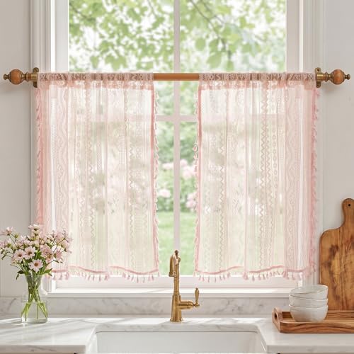 Image of MYSKY HOME Pink Lace Tier Curtains 36 Inch Length 2 Panels Kitchen Cafe Sheer Short Boho Half Country Rod Pocket Curtains for Small Windows Basement Bathroom, 34 inch Wide Each Panel, Light Pink