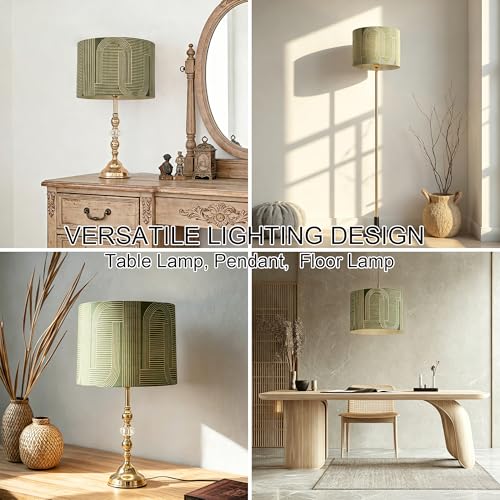 Image of Rustic Bamboo Drum lamp Shade for table lamps and floor lamps with Decorative Geometric Green Figure, ideal for living room bedroom, easy assemble, size 11.8Inch*9Inch
