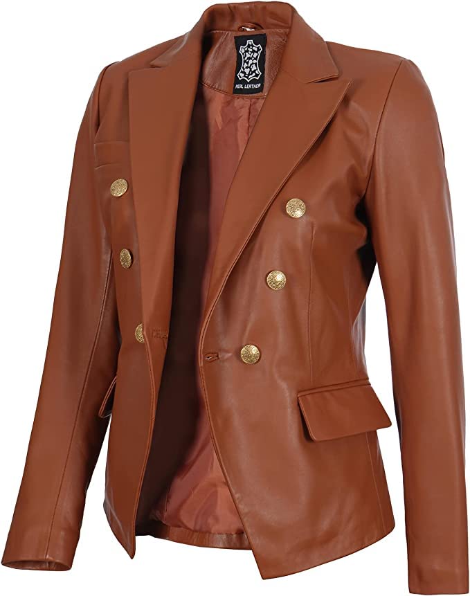 Amazon.com: JACKETREE Women's Leather Double Breasted Blazer Gold