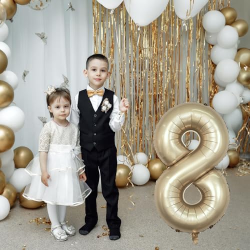 Image of Metallic Gold Number 8 Balloons, 40 Inch Giant Light Champagne Gold Mylar Foil Number 8 Ballon for Boy Girl, Self Inflating 8th Birthday Helium Balloon for Women Anniversary Party Decorations Supplies
