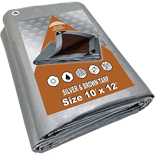 Tarps Heavy Duty Waterproof 10X12 Feet, 10Mil Multipurpose Poly Tarp Cover With Metal Grommets And Reinforced Edges, Silver/Brown Tarp By Raindeway #TOP2