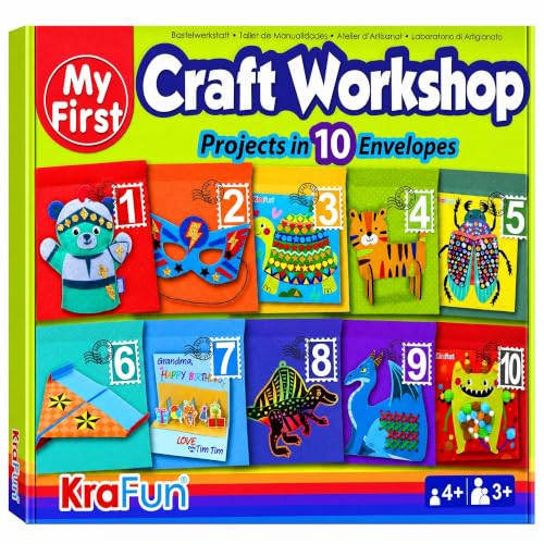 KRAFUN Toddler Art and Craft Kit, Preschool Educational Activities with 10 Envelope Projects - Origami, Puppets, Lacing & Pompoms, Creative DIY Gifts for Boys and Girls Ages 3-5