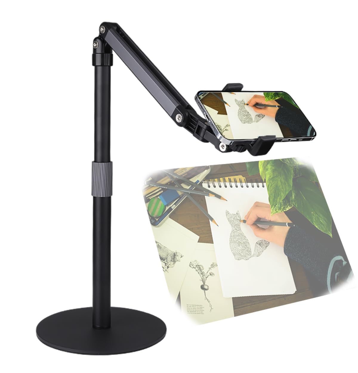 Soporte de teléfono resistente para grabación de video de escritorio para iPhone, con brazo de extensión, giro de 360°, para filmación, reuniones, cocina, pintura y manualidades