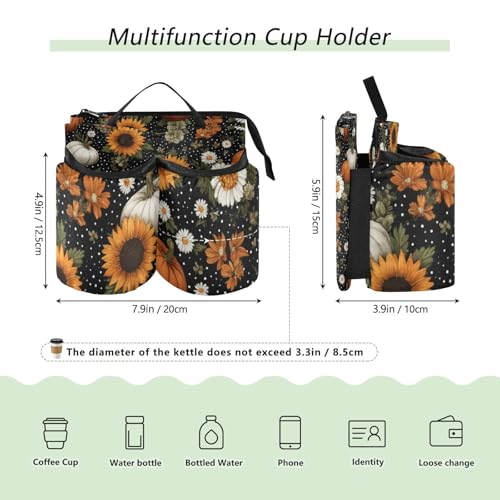 Image of Luggage Cup Holder for Suitcases Free Hands Suitcase Cup Holder Travel Luggage Drink Holder Portable Luggage Cup Caddy Bag Carrier with Handle Black Dotty Pumpkins Sunflowers Daisy