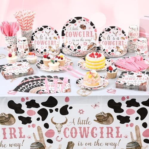 Image of Funnymoom 452 Pcs Cowgirl Baby Shower Party Decorations Include a Little Cowgirl Is on the Way Paper Plates Napkins Cups Tablecloth Cutlery Straws for Baby Shower Party Supplies