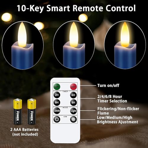 Image of KSWING Upgraded Real Wax LED Flameless Navy Blue Taper Candles with Remote, 6 PCS Candlesticks Battery Operated 3D Flickering - 9.6 inch Long Realistic Fake Candle Sticks for Home /Wedding /Xmas Deco
