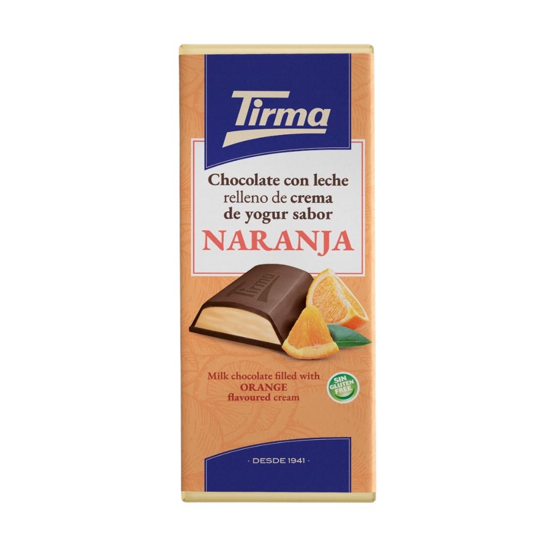 Tirma Milk Chocolate Bar filled with Orange Flavoured Cream, 103g | Gluten Free, Vegetarian, Ideal for Cheese boards, snacks & Gift hampers, Spanish Chocolate