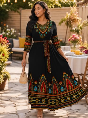 Image of Plus Size Maxi Dress for Women V Neck 3 /4 Sleeve Wrap Dress