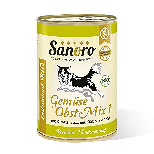 Sanoro Gemüse/Obst Mix 1 - Premium-Hundefutter in Bio-Qualität - Mix aus Bio-Karotte, Bio-Zucchini, Bio-Kürbis und Bio-Apfel, salzfrei - vegetarischer Barf-Zusatz (12 x 400 g).
