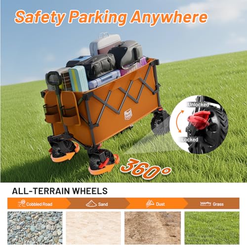 Image of TIMBER RIDGE Outdoor Collapsible Folding Wagon with Brakes and Cup Holders, 500lbs Heavy Duty All Terrain Wheels Utility Cart for Shopping Camping Garden Sports, Orange