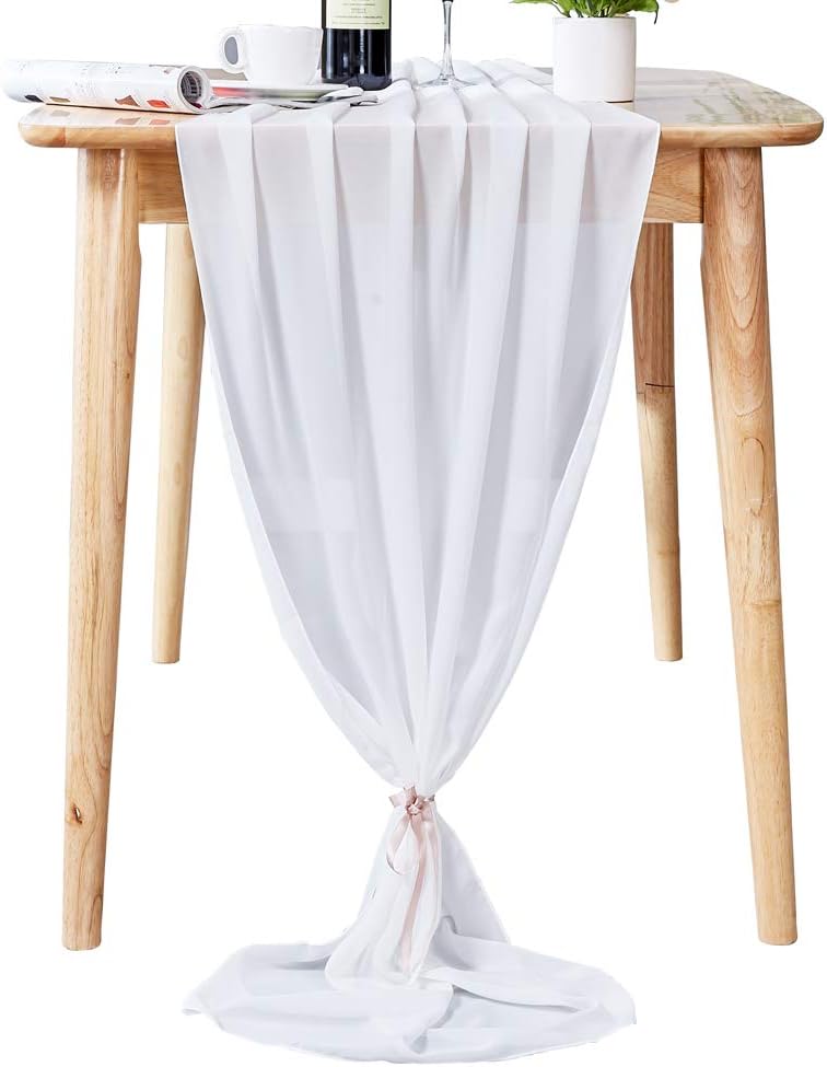 AVIVIHO 10ft Chiffon Table Runner White Chiffon Fabric for Wedding Decor Boho Party Bridal Shower Baby Shower Table Decorations