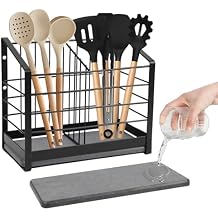 Longzhuo Utensil Holder for Kitchen Counter with Diatomaceous Earth Base, Large Matte Black Cooking Tool Organizer with 2 Compartments, Countertop Utensil Holder for Spatula and Kitchen Utensils