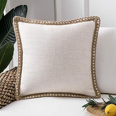 Phantoscope Decorative Linen Texture Trimmed Throw Pillow Cushion Cover (White) Cover