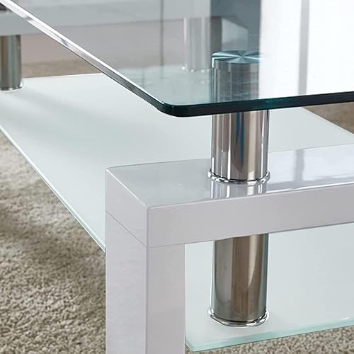 Miniatura 6 de Mesa de centro rectangular de vidrio, mesa de centro lateral de patas de madera de ingeniería moderna con estante inferior, mesa de centro de vidrio
