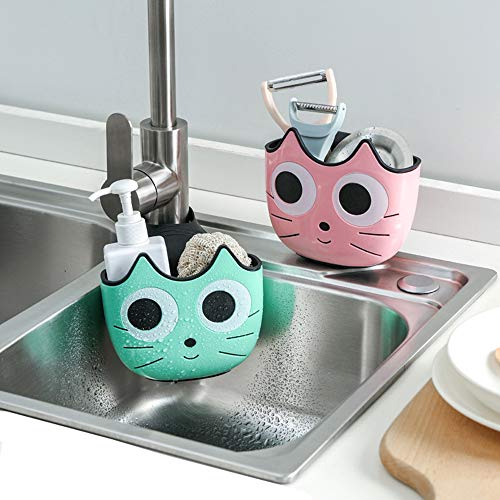 QTMY 2 PACK Sponge Holder Basket with Buckle,Sink Faucet Caddy Hanging Drain Rack, Gadget Soap Brush Desk Pen Organizer for Kitchen Bathroom,Pink Green