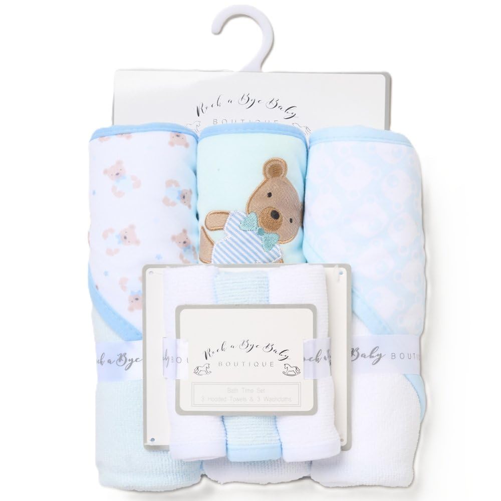 Mayra Hosiery Snuggle Tots | Baby Bath Time Flannel Gift Set | 3 Hooded Towels & 3 Wash Cloths | Super Soft 100% Polyester (Blue Teddy) โ image 1