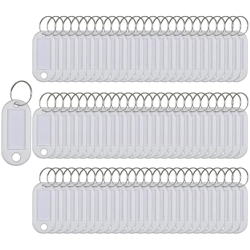 Lot de 100 porte-clés en plastique avec étiquettes d'identification pour bagages, nom (blanc)