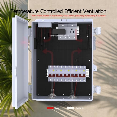 Image of Outdoor Electrical Box, Waterproof Electrical Junction Box IP65 ABS Plastic Enclosure with Fan & Thermostat, Mounting Plate and Hinged Lid (15.7 inch H x 11 inch L x 5.9 inch W)