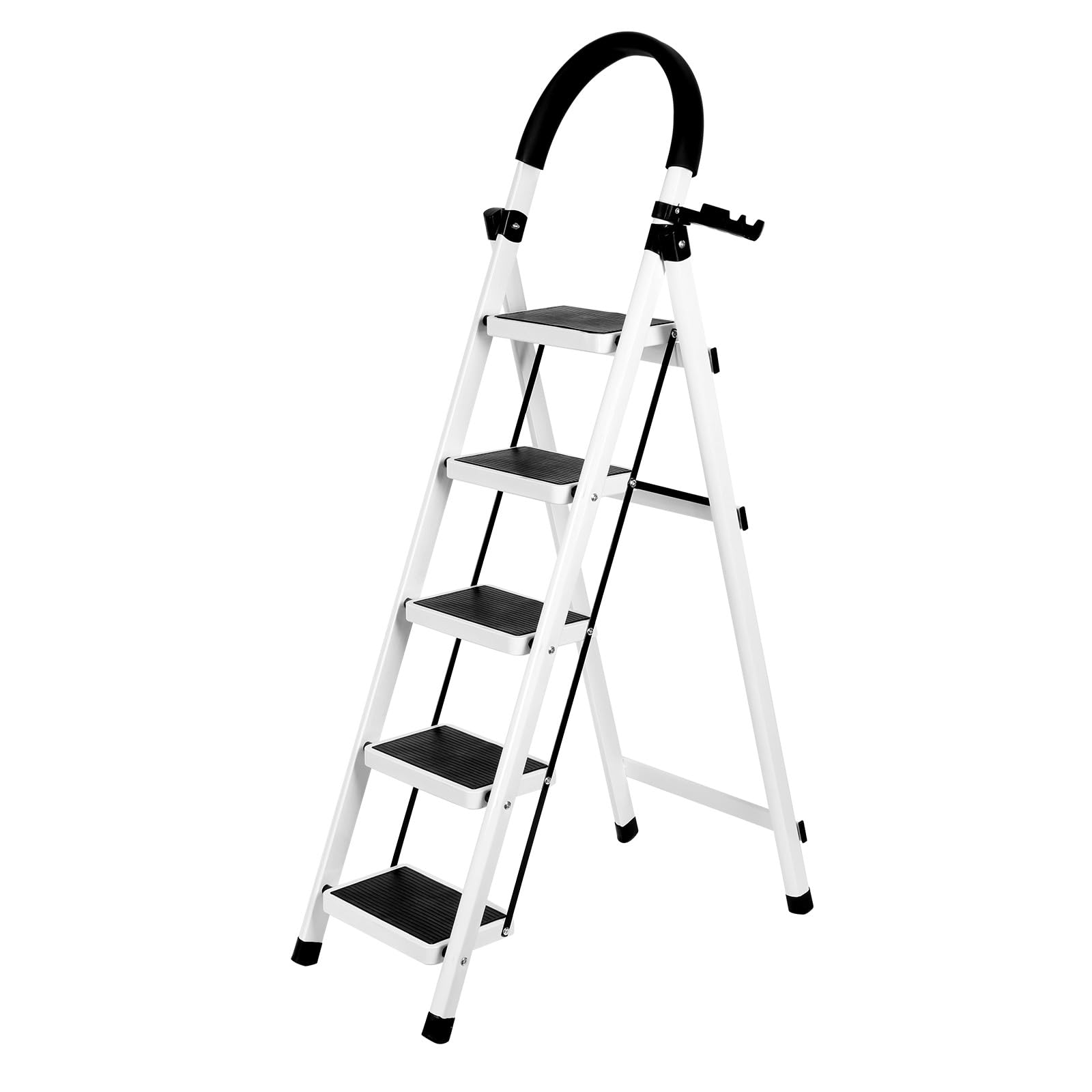 Escalera plegable de 5 peldaños, escalera plegable de 5 niveles, con bandeja para herramientas y pasamanos, escalera doméstica para casa, cocina, trastero, armarios, oficina, color: blanco