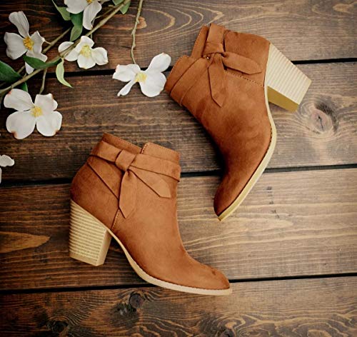 PiePieBuy Womens' Tie Knot Closed Toe Stacked Heel Ankle Boots,Brown, Size 92