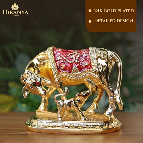 Image of Kamdhenu Cow with Calf | Vastu Idol is a Divine Cow & Calf Statue | Perfect for Pooja Rooms | Kamadhenu Cow & Calf (Gold Mina, 5.2 Inch)