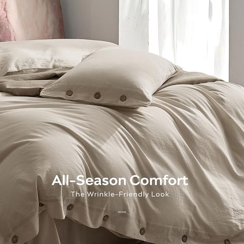 Image of JELLYMONI Washed Cotton Duvet Cover Queen, 3-Piece Oatmeal Bedding Set | 100% Washed Cotton, Linen-Look Texture, Oeko-Tex Certified, 8 Corner Ties & Button, Multi-Scene Use