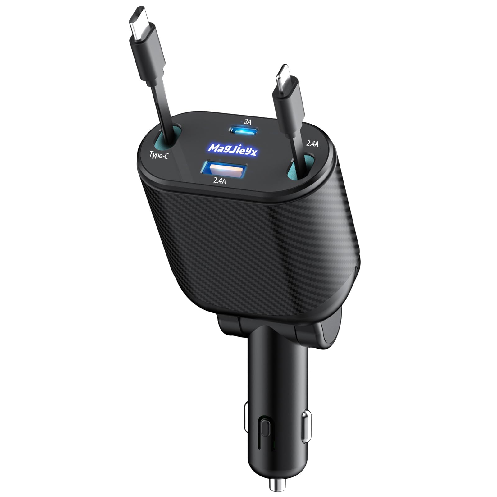MAGJIEYX Retractable Car Charger 4 in 1 Fast Charging Adapter Magjieyx 62W Retractable Type-C/USB-i Cables and USB C/USB A QC & PD Devices for iPhone 16/15/14/13/12Pro Max Plus,iPad,AirPods, Galaxy