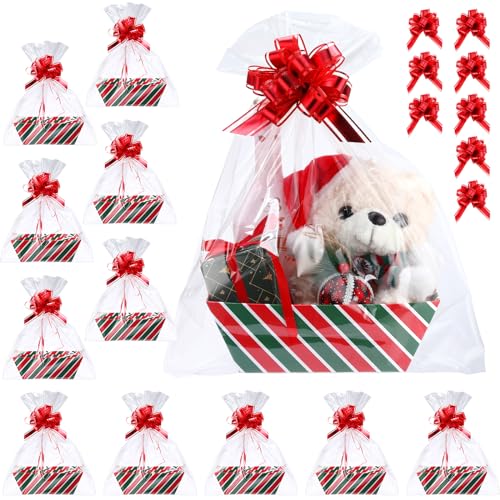 Image of Thenshop 44 Pcs Basket for Gifts Empty Gift Basket Bulk Include 12 Cardboard Tray 12 Plastic Bags and 20 Pull Bows for Christmas Fall Halloween Birthday Wedding Party DIY Wrapping(Stripe,Red, Green)