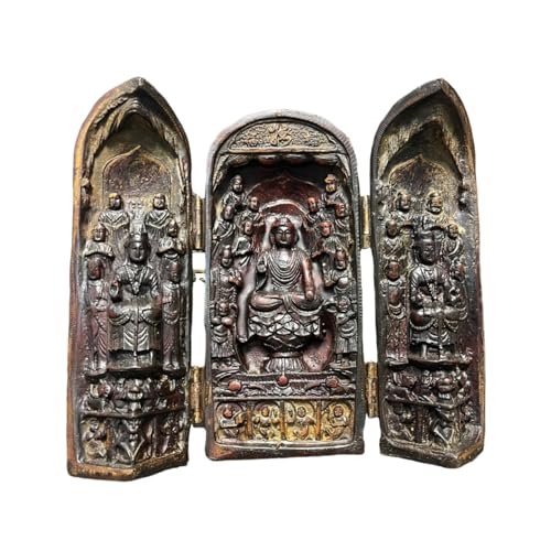 Qianly Statue Bouddha Triptyque Fini Patiné Statuette Bouddha Ancienne Finition Détaillée Sanctuaire Bouddhiste Pliant pour Collectionneurs, Vitrine