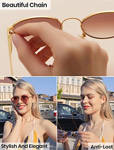Image of Veda Tinda Vision Round Sunglasses for Women 70s Trendy Retro Oversized Womens Circle Shades UV Protection with Glasses Chain