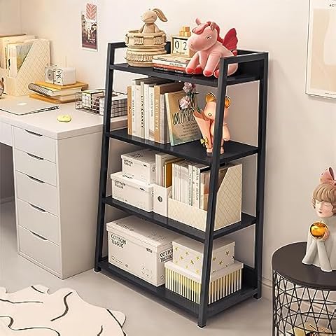 IOTXY 4-Tier Ladder Shelf Bookcase - Wood and Metal Modern Standing Bookshelf, Open Book Shelves Storage Rack, for Home Office, Living Room, Kitchen, Bedroom, Black Cover