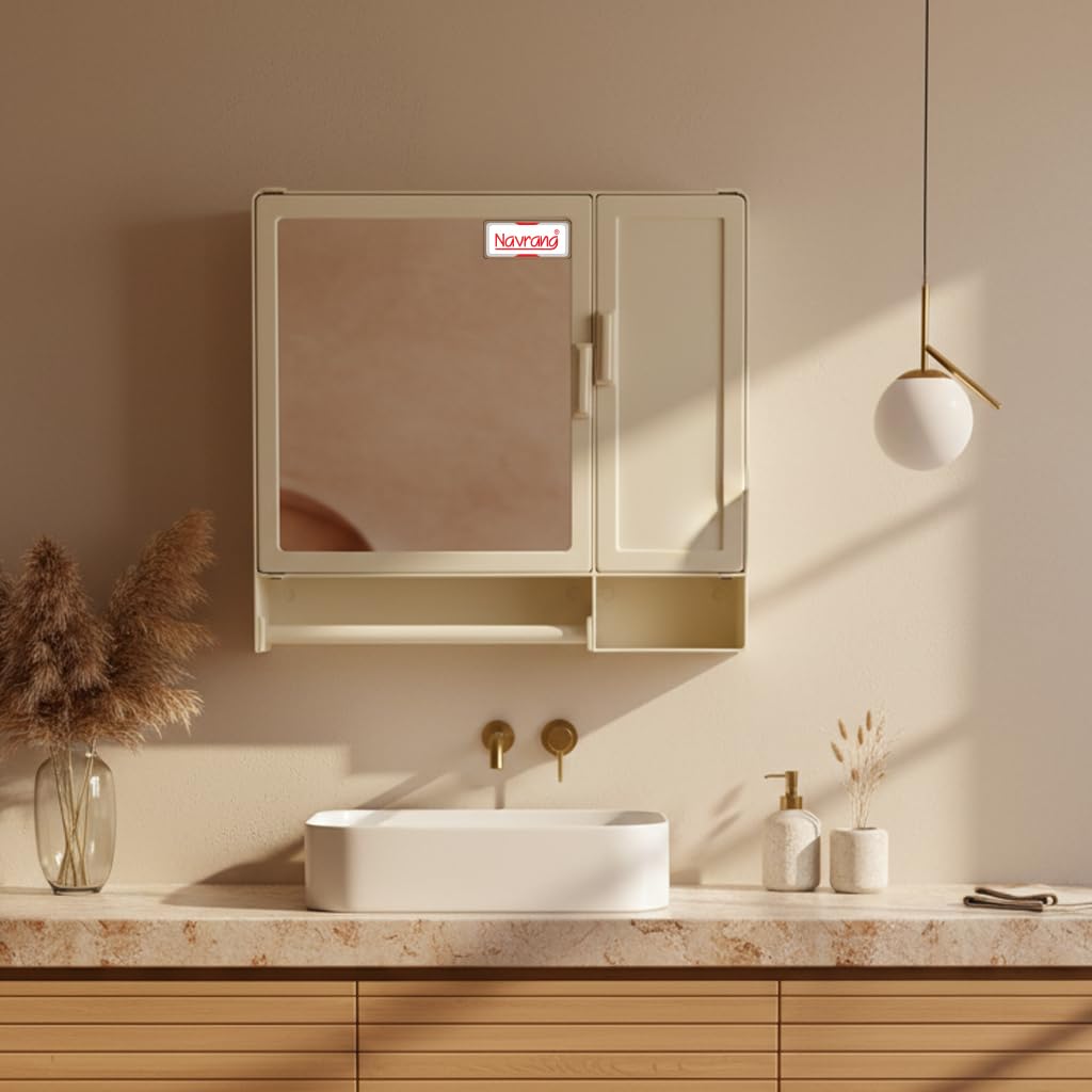 NAVRANG INNOVATIONS Plastic Duro Bathroom Mirror Cabinet with Shelves and Rod Double Door 16X17 inches (Ivory)-image-10
