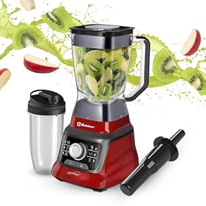 Koblenz Professional Blender, Countertop Blender with Speed Knob and 6 Functions, 1400-watt Motor, 68 oz. Capacity, Super Silent Operation, Includes Portable Blending Cup, Black/Red, LKM-9608
