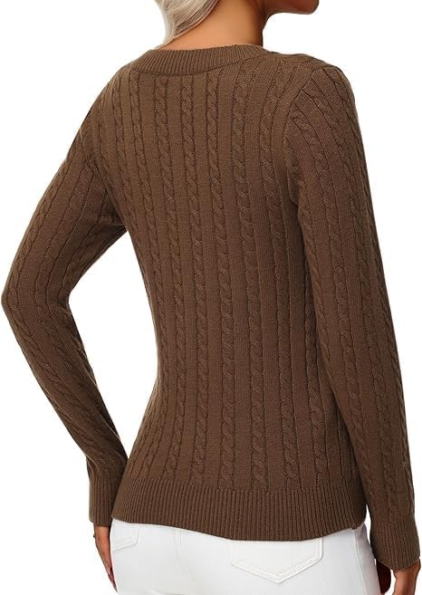 Women's V-Neck Cable Knit Sweater, Long Sleeve Pullover, Brown, Classic Slim Fit