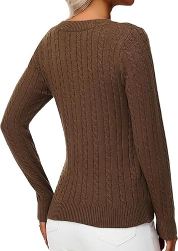 Women's V-Neck Cable Knit Sweater, Long Sleeve Pullover, Brown, Classic Slim Fit