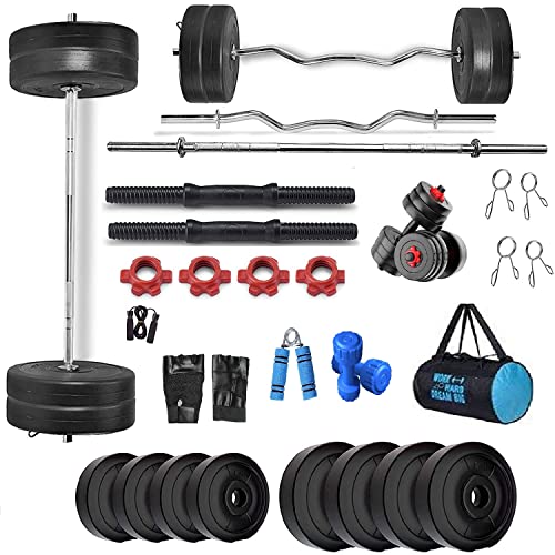 Bodyfit Fitness Gym Equipment Set Health Home Gym 5Ft Plain, 3Ft Curl Rod, 2 Dumble Rods, Weight Plates, Fitness Dumbbell Kit Set, Gym Bag. (36kg Weight Plates)