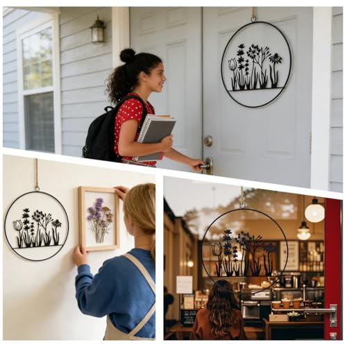 WRQIOO 25cm Türdeko Haustür aus Metall, Hängedeko Fenster Schwarz, Haustür Deko, Metall Türkranz Ganzjährig für Tür Wand Fenster Balkon Innen und Außen (Blumenornament)