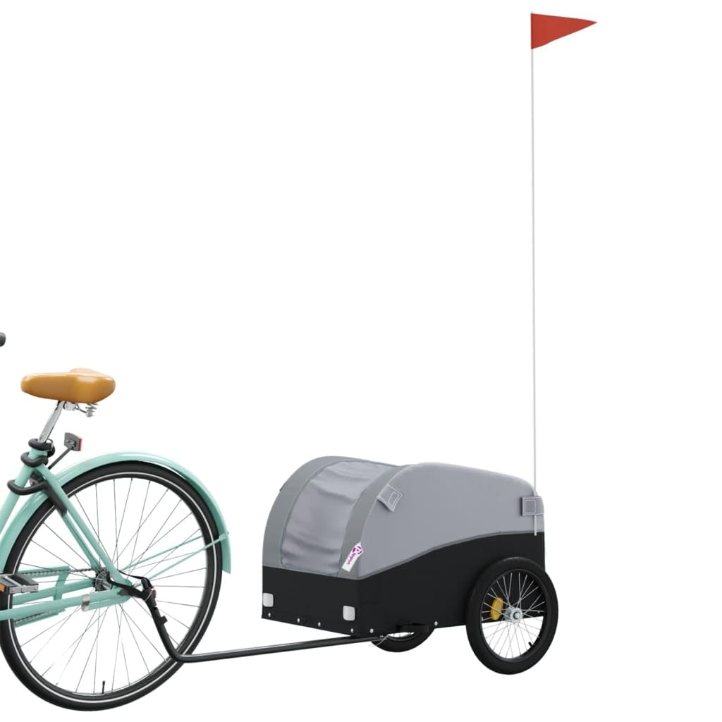 Przyczepa rowerowa, czarna i szara, wykonana z wytrzymałego żelaza, nośność 30 kg, koła 29 cm, sprzęgło dyszowe, flaga bezpieczeństwa, składana, do transportu bagażu, dzieci, psów