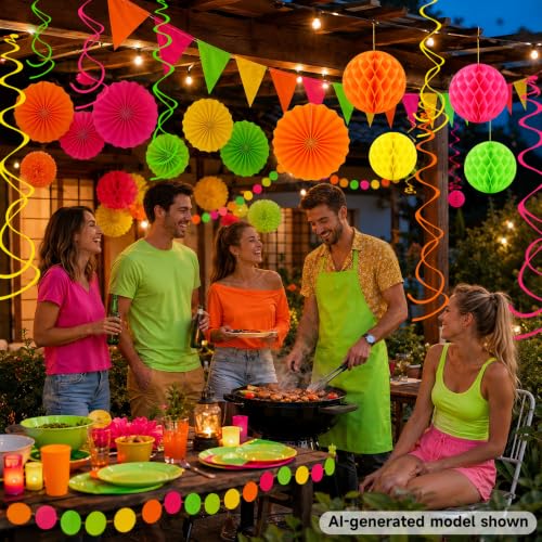 Image of 24 Pcs Neon Party Decorations Glow in the Dark Party Supplies | UV reactive fluorescent paper in pink, orange, yellow and green; paper fans, pom poms, honeycomb balls, banner and garland