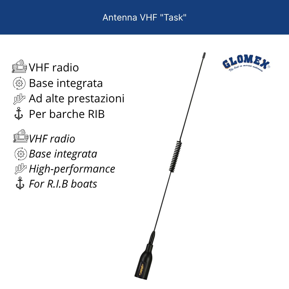 Glomex Antena VHF Marina 3dB reforzada para RIB, modelo SGV70RIBBK (Task) – Cable incluido, alta resistencia, para botes inflables, barcos a motor, yates