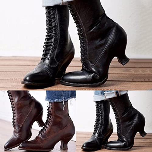 EIYEI Women's Mid Calf Boot,Women's Lace Heel Boot,Womens Kitten Low Heel Booties Pointy Toe Lace Up Side Zipper Vintage Victorian Boots Renaissance Shoes for Wedding Bridal Party2