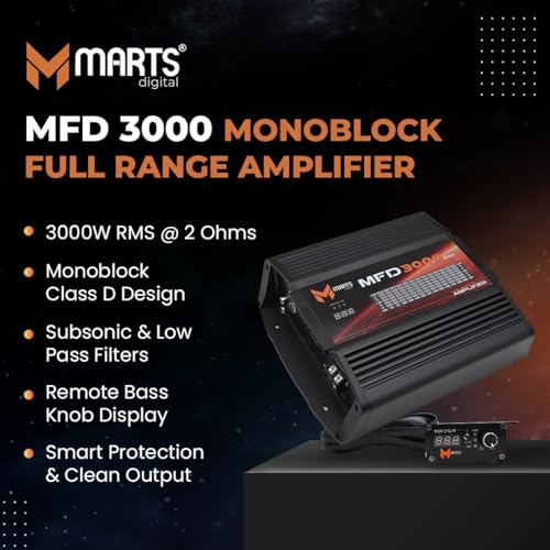 Image of Marts Digital 3000W Class D Full-Range Mono Amplifier MFD3000, 2-Ohm Stable | Compact Car Audio Amp for Subs & Speakers, Clean Power, Bass Boost, Variable LPF /HPF