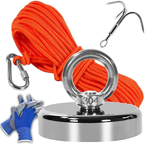 Fishing Magnets 700 LBS Pulling-Includes Grappling Hook, Heavy Duty 64FT Rope, Gloves & Locking Carabiner, 2.95inch Diameter