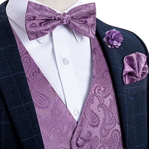 Image of DiBanGu Mens Paisley Suit Waistcoat,Silk Dress Vest and Bowtie Pocket Square Cufflinks with Lapel Pin Set for Wedding Tuxedo, Purple, Small