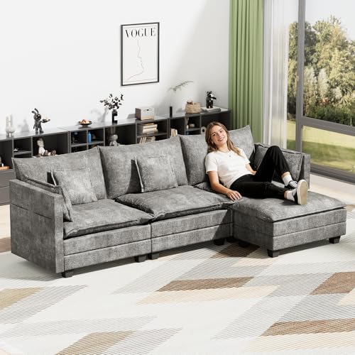 Image of LEVELEVE 112.5 inch L-Shape Modular Sofa with 1 Ottomans, Deep Seat Cloud Convertible Sleeper, 3 Throw 2 Arm Pillows, Cozy Upholstered Furniture for Living Room Apartment, Dark Grey