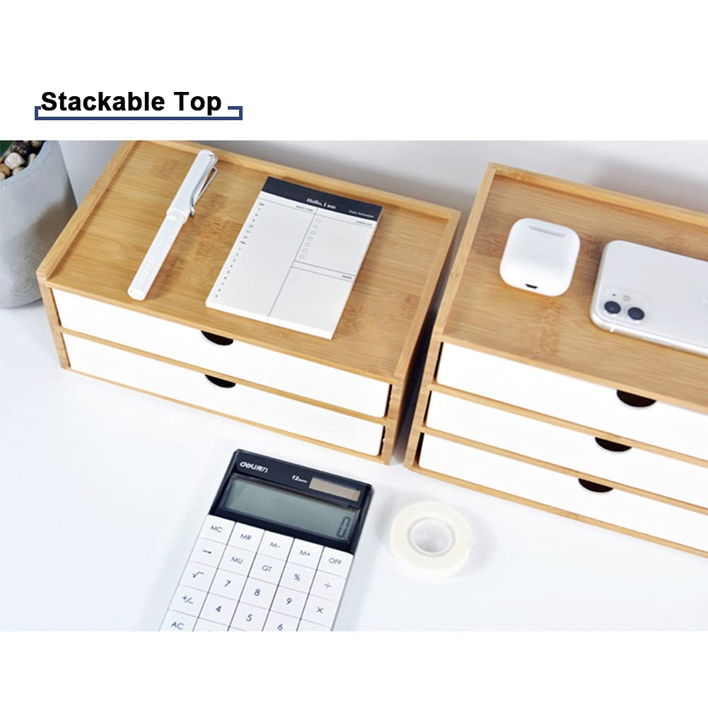 Wayuto Schreibtisch-Organizer aus Bambus, 2-stöckig, einfache Holztisch-Aufbewahrungsbox, mehrere Fächer, Schubladeneinheiten für Zuhause, Badezimmer, Büro, Weiß, 2 Schubladen