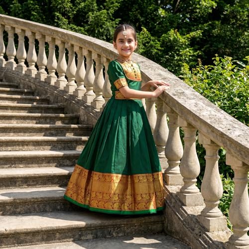 Image of Girls Silk Pattu Gown for Kids Traditional South Indian Long Ethnic Dress | Baby Girl Festival Pavadai Sattai Style Party Wedding Birthday Special Occasion Outfit